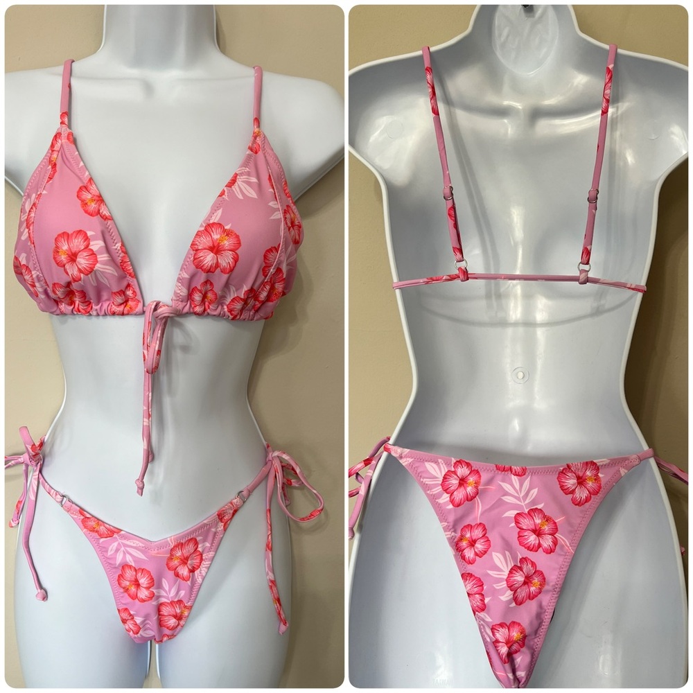 Pink Floral Triangle Tie Side Bikini Set - Picture 2 of 11